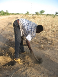 Os agricultores cavam os buracos a mão. A recomendação é cavar 10 mil buracos por hectare.   Foto : Ana Carolina Dani/RFI