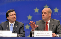 Jose Manuel Barroso und  Fredrik Reinfeldt auf der Brüsseler Pressekonferenz vom 17. September 2009.( Photo: Eric Vidal / Reuters )