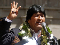 President Evo Morales on 1 May, when he announced plans to nationalise key industries(Photo: AFP )