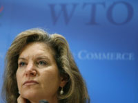 U.S. Trade Representative Susan Schwab at the World Trade Organization (WTO) headquarters in Geneva.
