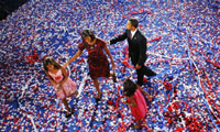 Democratic presidential candidate Barack Obama (D-IL) (R) leaves the stage with his wife Michelle (2nd L) and and children Malia (L) and Sasha (2nd R)(Photo: Reuters)