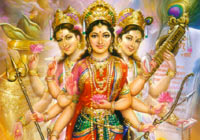 Three goddesses, Lakshimi, Parvati and Saraswati conjoined - Devi is the female aspect of the divine in Hindusim
