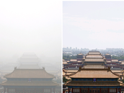 Photographs show of the Forbidden City on 28 July (L) and on 2 August 2008 (R). (Photo: Reuters)