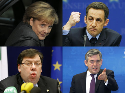 EU leaders at the end of the Brussels summit on Thursday - Angela Merkel, Nicolas Sarkozy, Brian Cowen & Gordon Brown.(Photo: Reuters)