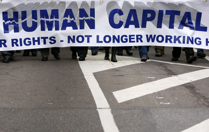 Trade Union members demonstrating against the working time directive.(Credit: Reuters)