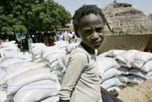 A child next to free food aid bags in the village of Doukoukoune, near Maradi, central Niger.(Photo: AFP)