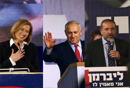 Tzipi Livni (L) in Tel Aviv, Benjamin Netanyahu (C) in Tel Aviv, and Avigdor Lieberman (R) in Jerusalem, at their party headquarters 11 February 2009(Photos: Reuters / Layout: RFI)