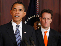Barack Obama presents his first budget. Thimothy Geithner, Secretary of the Treasury looks on.(Photo : Reuters)