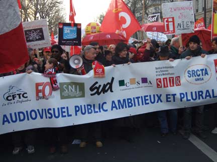RFI employees join other public broadcasters on a protest earlier this year(Photo: Tony Cross)