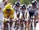 Saxo Bank rider and yellow jersey holder Fabian Cancellara arrives with his team mates at the finish line of the fourth stage of the Tour de France in Montpellier, 7 July 2009.(Photo: Reuters/Charles Platiau)