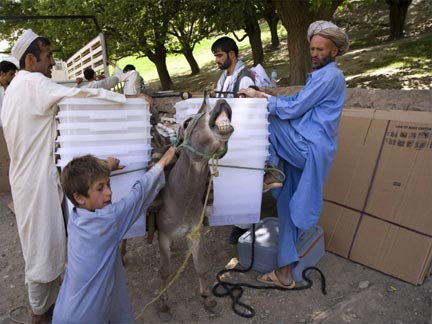 Election preparations: a donkey loaded with ballot boxes in a village in northeastern Badakhshan province, 15 August 2009(Photo: Reuters)