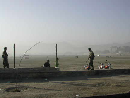 Soldiers at Kabul's football field, used for executions under the Taliban(Photo: Tony Cross)