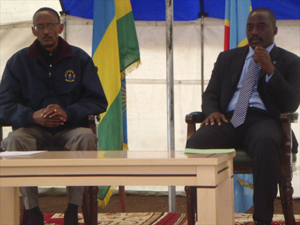Democratic Republic of Congo President Joseph Kabila and his Rwandan counterpart Paul Kagameat discuss peace, diplomacy and trade Thursday on the border near Goma, in eastern Congo.(Photo: Reuters)