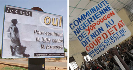 An official pro-referendum poster in Niamey, Niger on 1 August, 2009 (L) and a Nigerien opposition rally in the Cote d'Ivoire, 12 July 2009.(Photos : AFP / Montage : RFI)