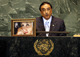 Pakistani President Asif Ali Zardari addresses the UN General Assembly beside a photo of his late wife Benazir Bhutto(Photo: Reuters)