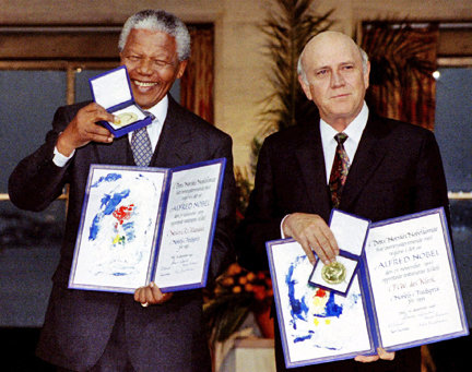 Nelson Mandela and FW de Klerk receive the Nobel peace prize in 1993