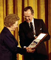George HW Bush gives Thatcher the Presidential Medal of Freedom(Credit: White House/George Bush presidential library)