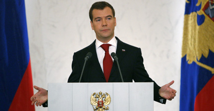 Russian President Dmitry Medvedev speaks during his annual address to the federal assembly in Moscow on November 12.Photo: Reuters