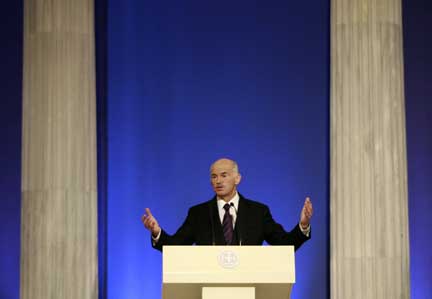Greek Prime Minister Georgos Papandreou delivers his austerity package on Monday(Photo: Reuters/John Kolesidis)