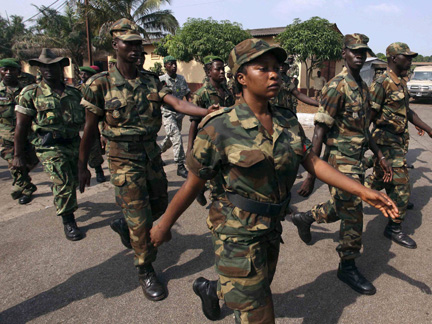 Guinean soldiers march at Alpha Yaya Diallo military camp in the capital Conakry, last week(Photo: Reuters)