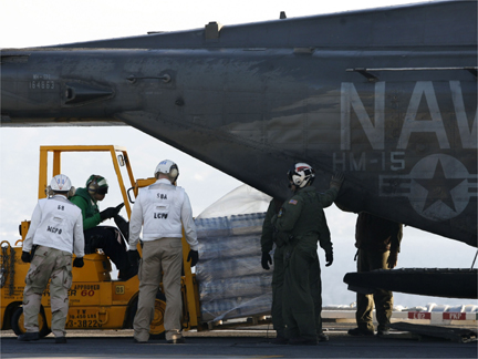 Bottled water being loaded onto a helicopter onboard the USS Carl Vinson aircraft carrier(Photo: Reuters)