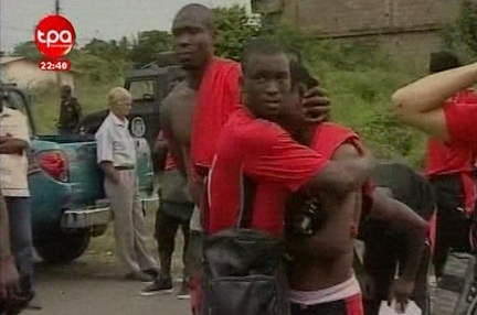 Angolan TV shows Togo players comforting each other after the attack on their bus on 8 January.Photo: Reuters
