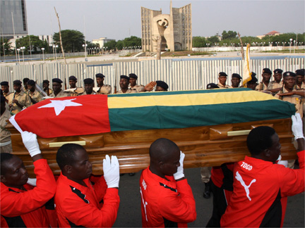 Pallbearers carry the coffin with the remains of Togolese Assistant Soccer Coach Abalo during the funeral service in the Togolese capital Lome, earlier this month(Photo: Reuters)