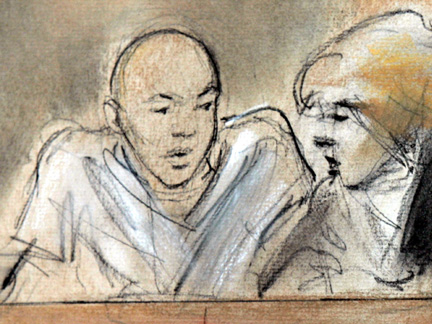 A courtroom drawing shows Umar Farouk Abdulmutallab (L) consulting with his lawyer at his first courtroom appearance on 8 January.Photo: Reuters