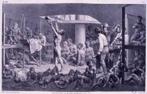 Grabado relativo a las condiciones de la travesía en un barco negrero cargado de esclavos africanos comprados en los mercados de Africa.© UNESCO - Archivos  