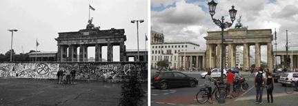 Berlín: el Muro construido delante de la Puerta de Brandeburgo (junio 1989) y el mismo sitio en la actualidad (julio 2009).(Foto: Reuters)