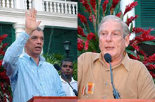 Le nouveau président des Seychelles, James Michel, prête serment (à gauche). Le président sortant, France-Albert René, prononce son dernier discours de chef de l'Etat. 

		(Photo AFP)