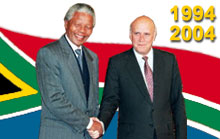 Nelson Mandela a succédé à Frédérik de Klerk à la tête de l'Afrique du Sud en 1994.<BR><A href="http://www.rfi.fr/francais/actu/pages/001/dossier_special_61.asp" target=_BLANK>Dossier spécial RFI&nbsp;«10 ans de démocratie multiraciale».</A> 

		(Photo AFP)