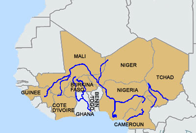 Le fleuve Niger traverse la Guinée, le Mali, le Niger, le Bénin et le Nigéria; ses affluents arrosent le Burkina Faso, la Côte d'Ivoire, le Cameroun et le Tchad.(Carte : Darya Kianpour/RFI)