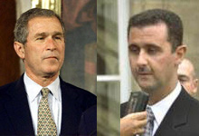 Le président américain George Bush (G) a annoncé mardi toute une série de sanctions à l'encontre de la Syrie. Son homologue syrien Bachar al-Assad (D) n'a pas encore réagi à cette décision. 

		(Photo : AFP, Montage : RFI)
