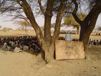 Une école à l'ombre de deux arbres, les garçons devant les filles derrière. 

		(Photo : Stanislas Ndayishimiye/RFI)