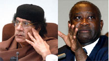 Le colonel Kadhafi, chef de l'Etat libyen et son homologue ivoirien, Laurent Gbagbo. 

		(Photos: AFP, montage RFI)