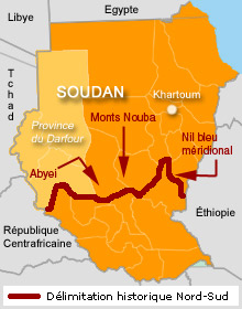 Carte de Soudan. Les trois zones Abyei, les Monts Nouba, et le Nil Bleu méridional font partie du Nord mais se sont ancrées au Sud. 

		(Carte : Nathalie Guillemot/RFI)