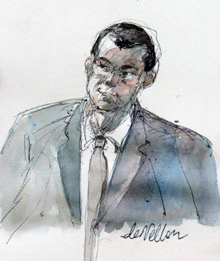 Croquis d'audience du juge d'instruction Fabrice Burgaud, chargé d'instruire l'affaire d'Outreau, lors de son intervention le 09 juin 2004, à la barre de la cour d'assises du Pas-de-Calais. 

		(Photo : AFP)