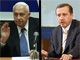 Le Premier ministre turc Recep Tayyip Erdogan (D) condamne la politique du gouvernement de son homolgue israélien Ariel Sharon (G) dans les Territoires palestiniens. 

		(Photo : AFP)