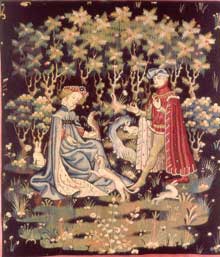 <P><EM>L’offrande du cœur. </EM>Tapisserie, laine et soie. Paris, vers 1400-1410</P> 

		© RMN