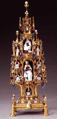 <P><I>Tableau de la Trinité</I>. Email sur ronde-bosse d’or, saphirs, rubis, perles. Paris ou Londres, vers 1380-1400</P> 

		© RMN/ Berizzi
