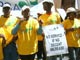 Manifestants du syndicat PSA dans les rues de Pretoria, lors de la manifestation du secteur du service public en Afrique du Sud.(Photo : Stéphanie Savariaud / RFI)