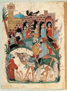 Abû Zayd et al-Harith arrivant dans un village, page du Maqâmât de al-Harîrî, miniature, Bagdad, 1236-1237.
 

		(Photo : Bibliothèque nationale de France, Paris)