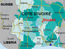 L'aviation gouvernementale a bombardé jeudi à trois reprises Bouaké, la «capitale» des rebelles des Forces nouvelles. 

		(Carte : RFI)
