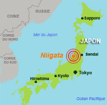 De violentes répliques ont eu lieu dans la région de Niigata ou s'est produit un séisme le 23 octobre dernier. 

		(Carte : RFI)