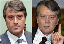 Viktor Iouchtchenko, le candidat&nbsp;de l'opposition&nbsp;à gauche en juillet 2004&nbsp;et à droite&nbsp;lors d'une conférence de presse, en &nbsp;octobre de la même année, deux jours avant l'élection présidentielle en Ukraine.(Photo : AFP)