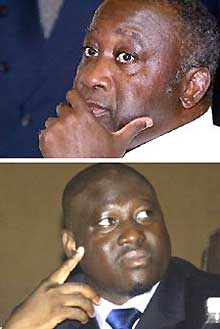 Laurent Gbagbo (en haut) et Guillaume Soro. En Côte d'Ivoire, le jeu de poker menteur se poursuit. 

		(Photos: AFP)