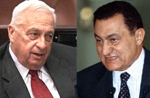 Ariel Sharon (à gauche) et Hosni Moubarak ont eu un entretien téléphonique chaleureux dimanche.</P> 

		(photo : AFP)