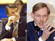 Le représentant américain pour le Commerce, Robert Zoellick (à dr.) et Peter Mandelson, nouveau commissaire européen au Commerce. 

		(Photos: AFP)