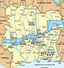 Carte de la Côte d'Ivoire divisée.(Source: www.un.org)